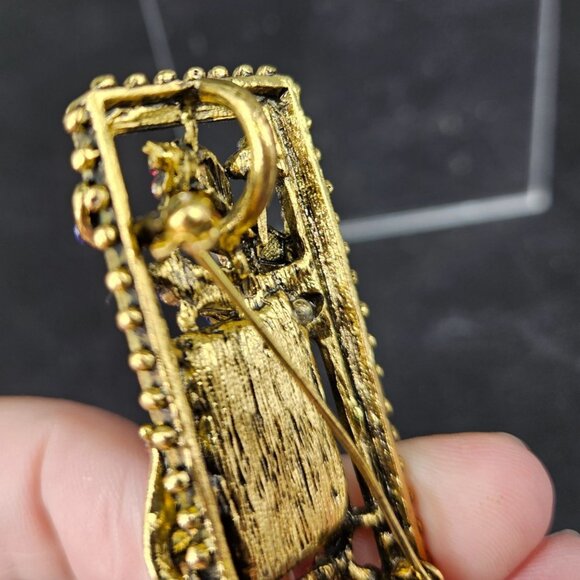 Monet Rectangle Lapel Pin Brooch Pendant Rhinestones Gold Plated Jewelry 2.25" - Picture 6 of 10